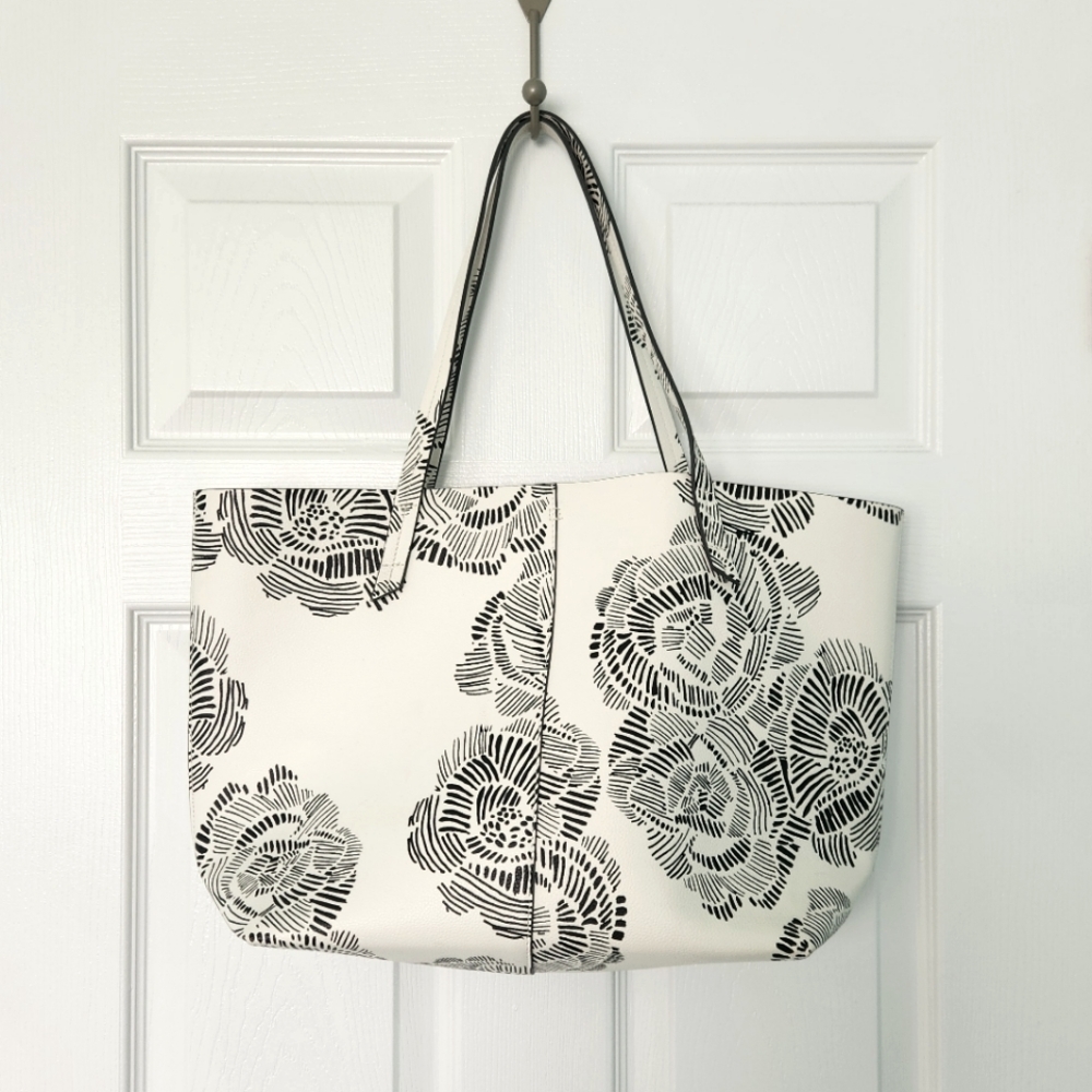 Indigo Essential Tote Bag Vegan Leather Purse Black and White Abstract Floral